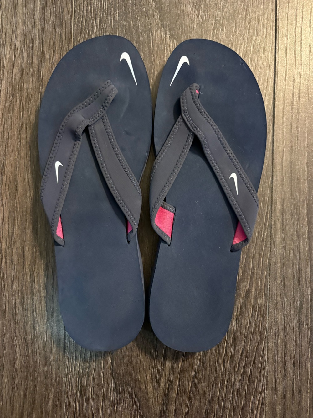 Nike Navy Flip Flops with Pink Lining and White Swoosh